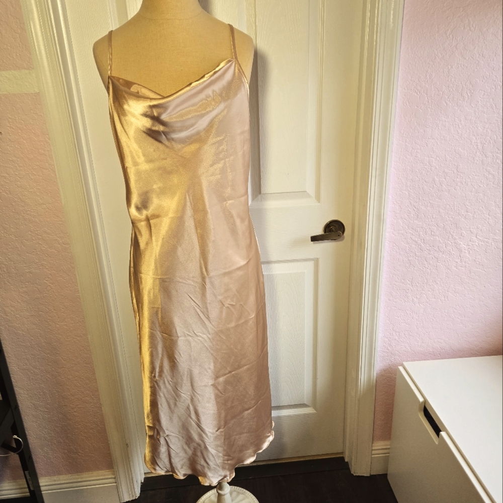 Bebe Gold Satin Cowl Neck Midi Dress Size M Bodycon‎ M Vintage Party Usa